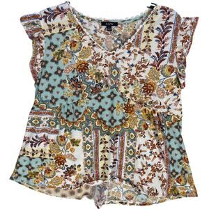 AUW Women Blouse L Yellow Brown Floral Blouse V-Neck Sleeveless Prairie Boho